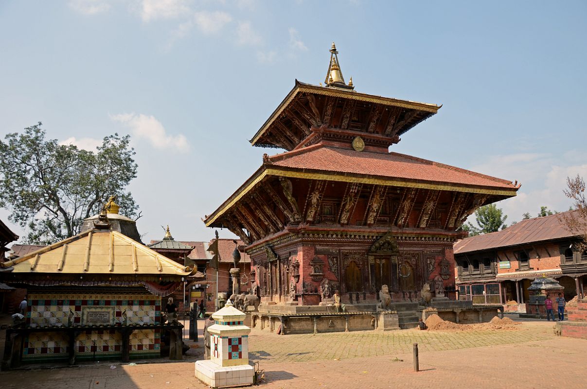 Kathmandu Changu Narayan 01 Chinnamasta Temple And Changu Narayan Temple East Entrance Changu Narayan Temple is a pagoda-style Hindu temple dedicated to Vishnu in his incarnation as Narayan. It was originally built around the 4C, but the present temple was rebuilt in 1702 after it was destroyed by fire. It is situated on a ridge at 1541m overlooking the Kathmandu Valley, about 22 km to the east of Kathmandu and 6 km north of Bhaktapur. Though the temple is quite beautiful, especially the doors and front facade, Changu Narayan is not known for its temple but for the stone statues, bas-relief carvings, and inscriptions that are scattered around the temple courtyard, created between the 5th and 13th century. On the left is the Chinnamasta Temple and at the bottom just to the left of centre is a Ganesh shrine.